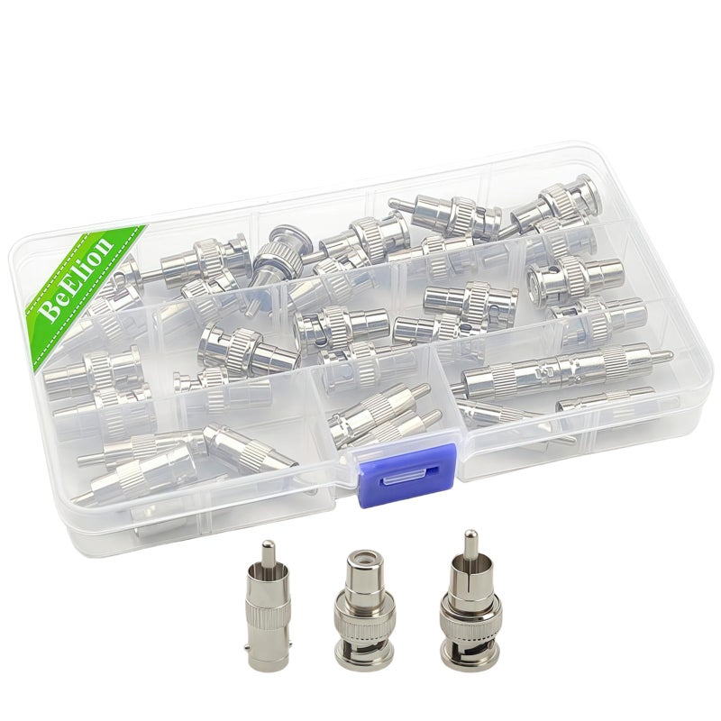BeElion All-in-One 32-Pack RCA to BNC Adapter Kit - 11 M2M/11 M2F/10 F2M Nickel-Plated Brass Connectors for CCTV, Security Cameras & Audio Systems - Image 1